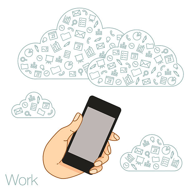 ilustraciones, imágenes clip art, dibujos animados e iconos de stock de la demostración para aplicaciones de presentación de comprimido - cloud computing human hand cloud cloudscape