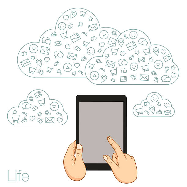 wykazanie ekranie tabletu do prezentacji aplikacji - cloud computing human hand cloud cloudscape stock illustrations