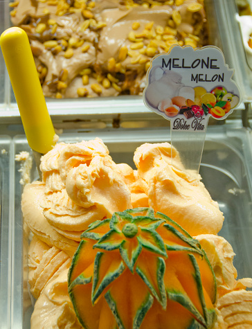 Cortona, Italy - April 27, 2015: Authentic Italian gelato comes in a wide variety of flavors, but one big favorite is 