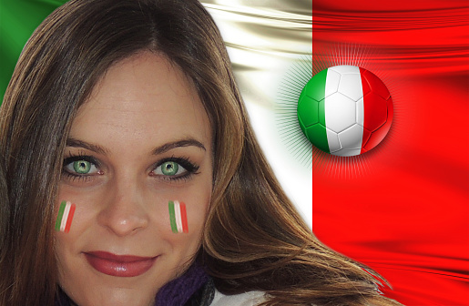 Beautiful Italian girl with the flag painted on her face