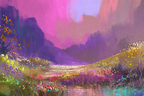 красивый пейзаж в горах с яркими цветами - paintings watercolor painting landscape autumn stock illustrations