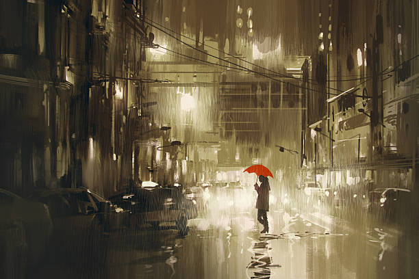 женщина с красный зонт пересечения улицы, дождливый день - street alley dark city stock illustrations
