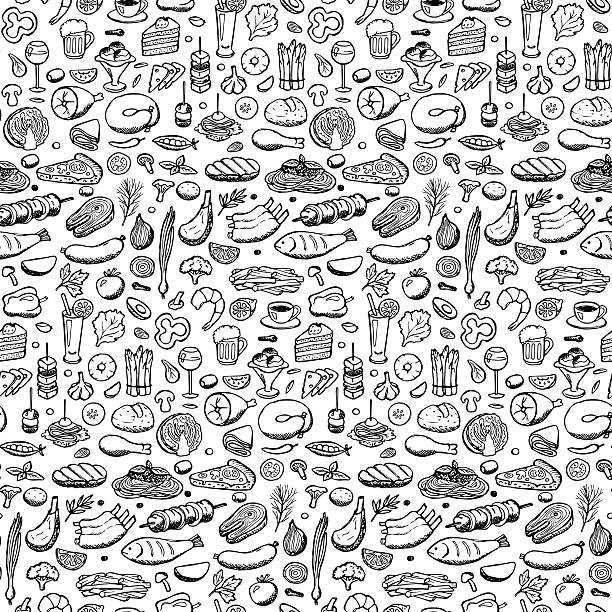 ilustrações de stock, clip art, desenhos animados e ícones de mão desenhado conjunto de alimentos e bebidas - food meat doodle dairy product