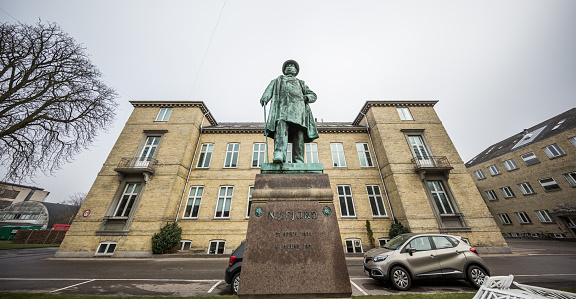 Copenhagen, Denmark - February 27, 2016: N. J. Fjord statue outside DTU - Technical University of Denmark -  Veterinary Research Laboratory, Copenhagen, Denmark.