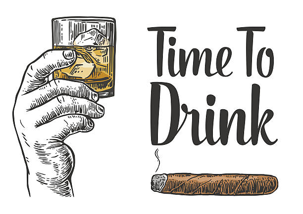 Male hand holding a glass with whiskey and ice cubes. Hand drawn design element. Vintage vector engraving illustration for label, poster, invitation to a party. Time to drink.