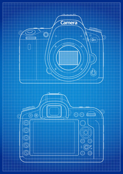 DSLR Camera Outline Front, back and matrix with open bayonet of SLR Camera Blueprint Lines with grid. Outline Vector Illustration bayonet stock illustrations