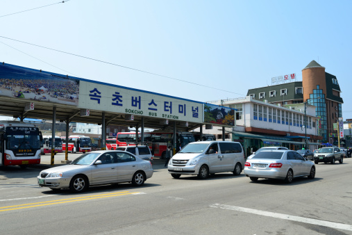 Sokcho, South Korea - April 12, 2014: Sokcho Bus Station, South Korea. It is close to Sokcho beach and Seorak mountain.