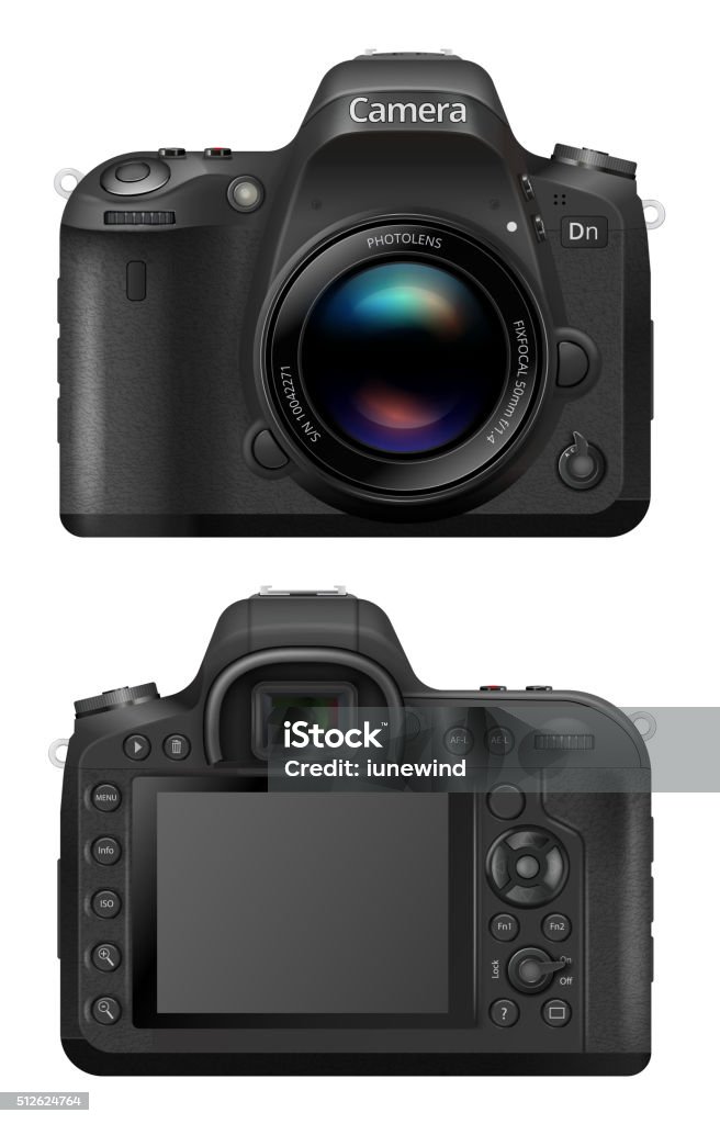 Vector SLR Camera Vector illustration of digital SLR  Camera System with prime lens mounted. Front and back sides Digital Single-Lens Reflex Camera stock vector