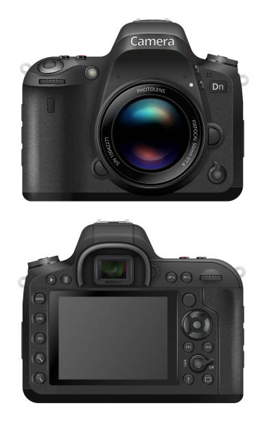Vector SLR Camera Vector illustration of digital SLR Camera System with prime lens mounted. Front and back sides bayonet stock illustrations