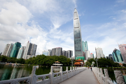 Shenzhen,China - July 14,2014 : KingKey Financial Center(or kk100) looking from Lihu Park on July 14,2014 in Shenzhen,China. KingKey Financial Center is the tallest building in Shenzhen,441.8 meters high,A total of 100 floors.