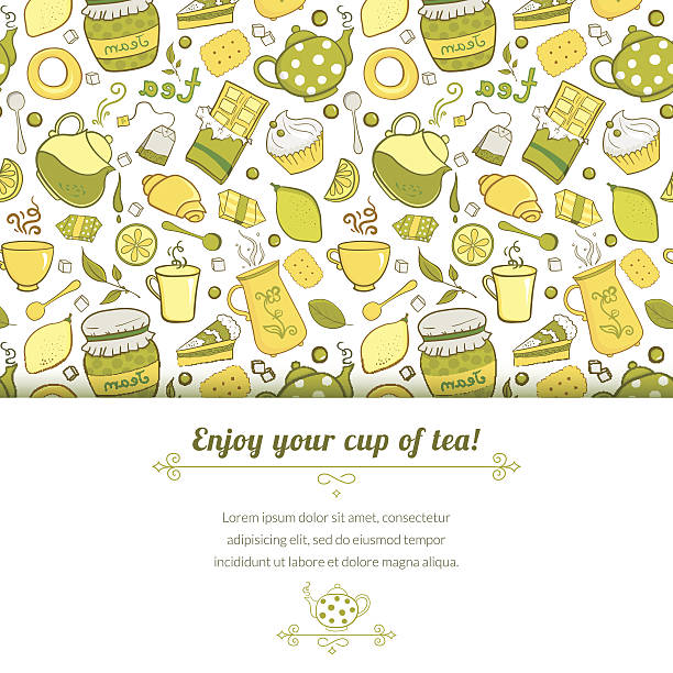 Tea and sweets vector background Tea and sweets vector background in doodle style with place for text, template for use as packaging, fabric, paper, coffee bean macro stock illustrations