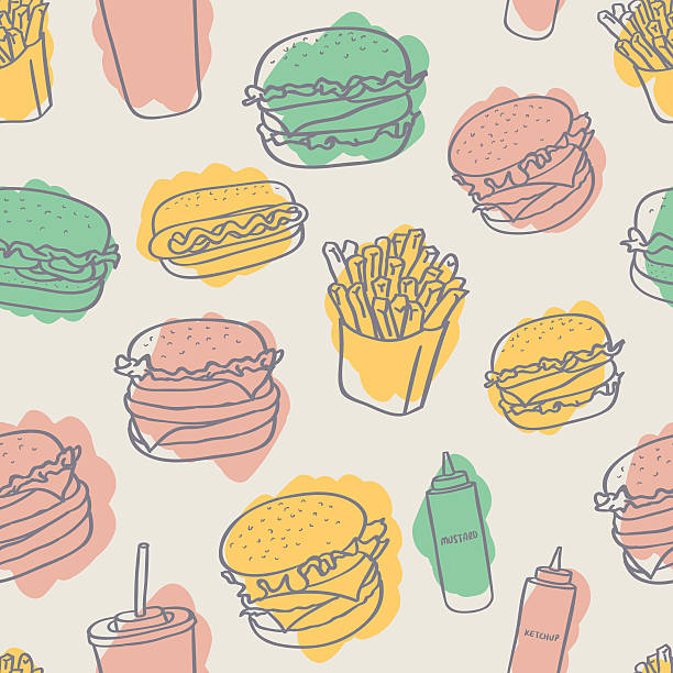 ilustraciones, imágenes clip art, dibujos animados e iconos de stock de sin costura patrón hamburguesas - fish cakes illustrations