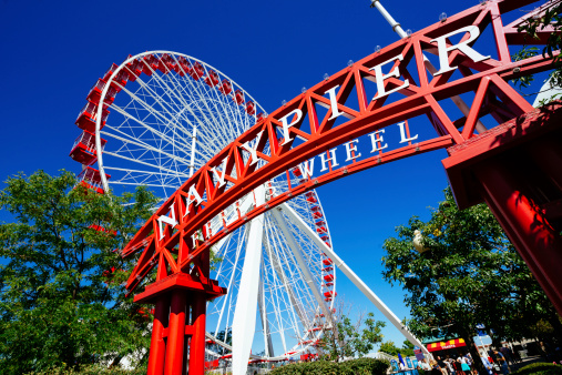 Chicago, United States - September 7, 2014: Entrance of Chicago's Historic Navy Pier Ferris Wheel.