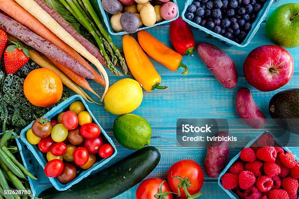 Assorted Fruits And Vegetables Background Stock Photo - Download Image Now - Vegetable, Fruit, Wood - Material