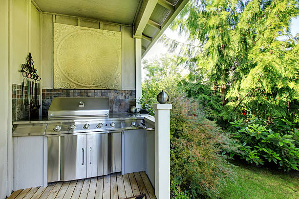 istock Outdoor kitchen area with zebra rug and plants. 512630074