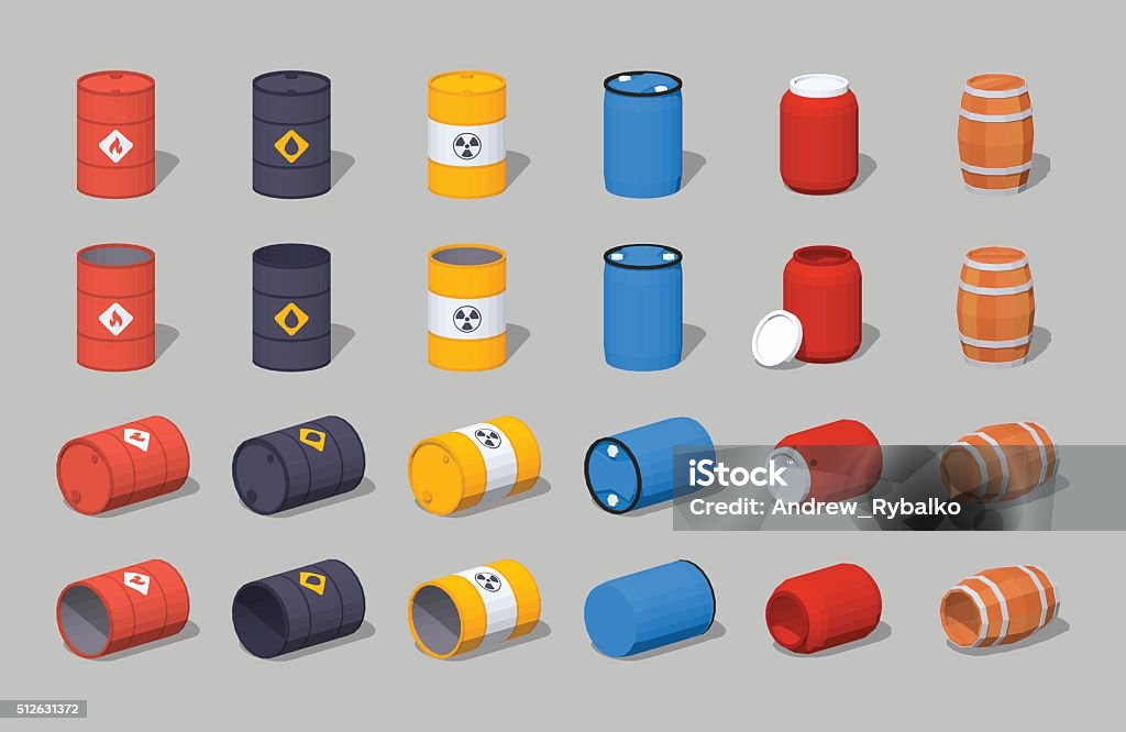 Set of the metal, plastic and wooden barrels Set of the metal, plastic and wooden barrels. 3D lowpoly isometric vector illustration. The set of objects isolated against the grey background and shown from different sides Barrel stock vector