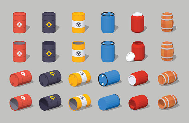 Set of the metal, plastic and wooden barrels Set of the metal, plastic and wooden barrels. 3D lowpoly isometric vector illustration. The set of objects isolated against the grey background and shown from different sides drum container stock illustrations