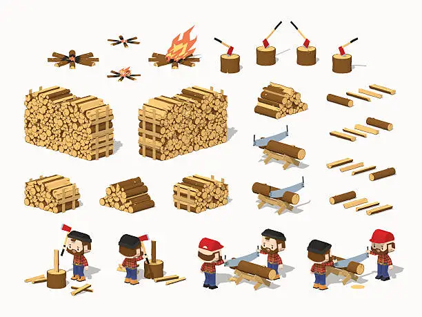 Vector illustration of Firewood harvesting by lumberjacks
