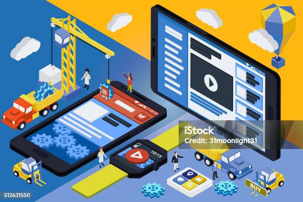 Material Design Flat Isometric Mobile And Smart Watch Design Stock Illustration - Download Image Now