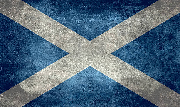 Flag of Scotland with distressed vintage treatment National flag of Scotland with retro distressed grungy patina scottish flag stock pictures, royalty-free photos & images