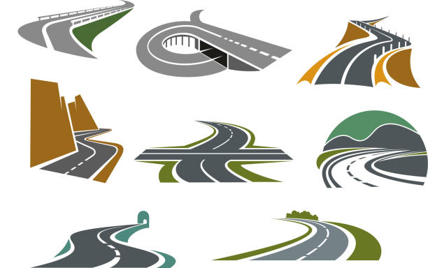 ilustrações, clipart, desenhos animados e ícones de estrada estrada e ícones para transporte de projeto - on ramp