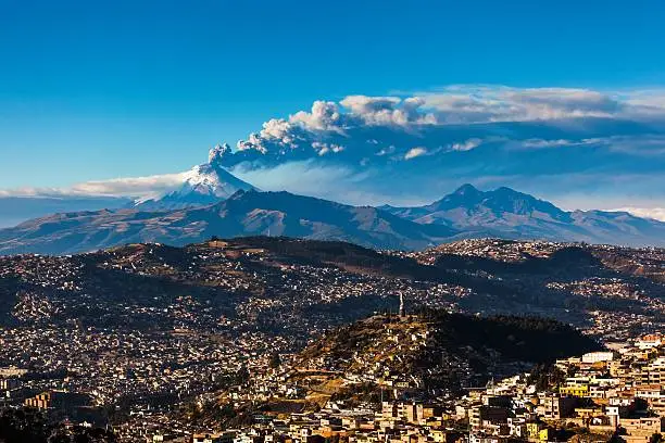 QUITO, ECUADOR -AUGUST 22, 2015: Cotopaxi Volcano eruption for several days, as seen from Quito in Ecuador, Southamerica.