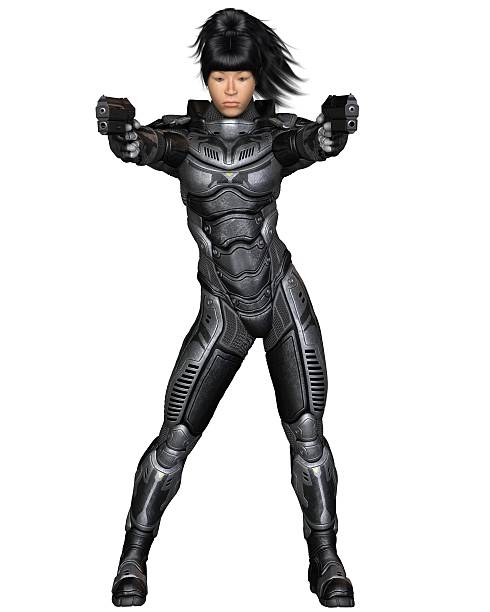 Science fiction illustration of an Asian female future soldier in protective armoured space suit, standing holding pistols, 3d digitally rendered illustration