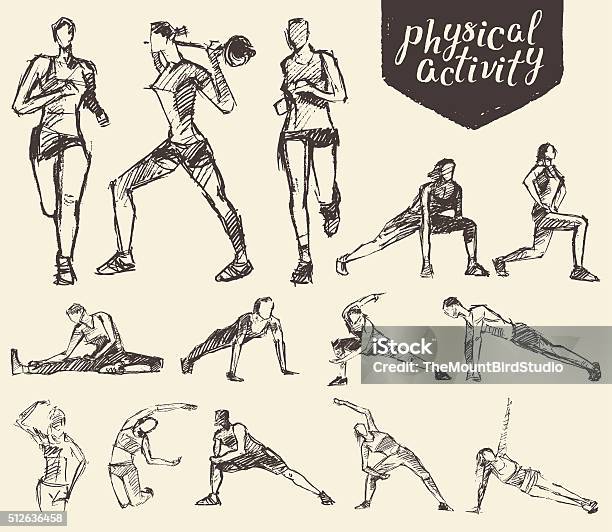 Fitness Gymnastic Exercises Drawn Vector Sketch Stock Illustration - Download Image Now - Drawing - Activity, Running, Sport