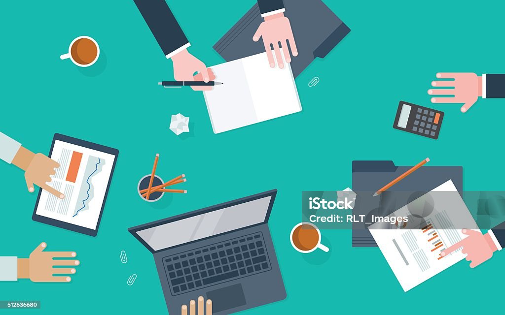 Flat illustration of workers collaborating at desk A flat vector illustration of a collaboration workspace. May be used for a variety of applications, including backgrounds, web banners and graphics, presentations, posters, advertising, and printed materials. Laptop stock vector
