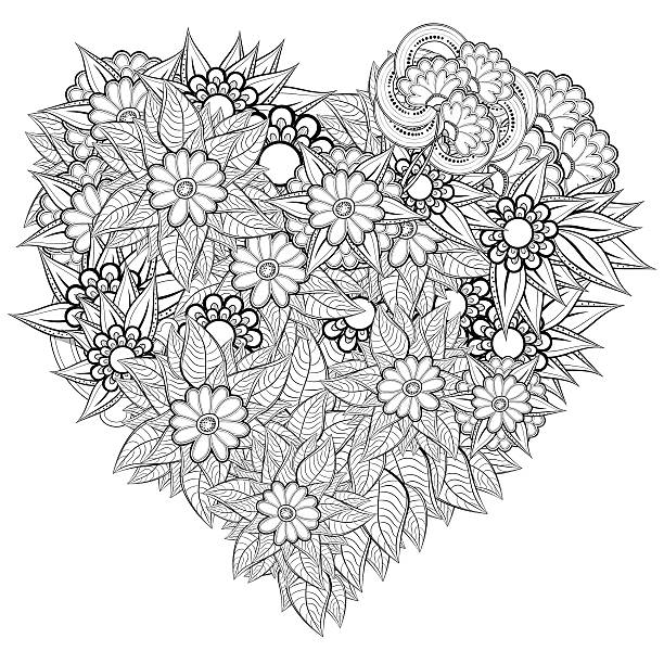 Pattern for coloring book. Ethnic retro design Vector heart-shaped pattern for coloring book. Ethnic retro design in style with floral elements,Black line art on white background. adult coloring pages mandala stock illustrations