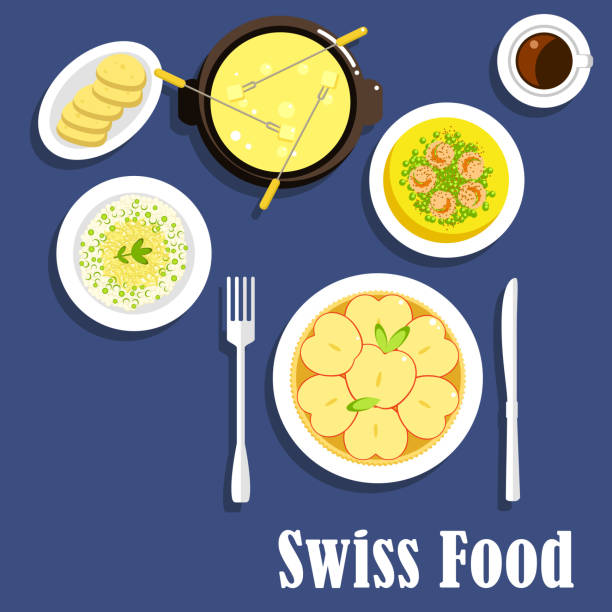 Swiss cuisine dishes and cheese fondue Swiss national cuisine with apple tart, risotto with cheese, spicy shrimps served with green pea, full cheese fondue with long stemmed forks and cup of coffee. Flat menu design apple pie cheese stock illustrations