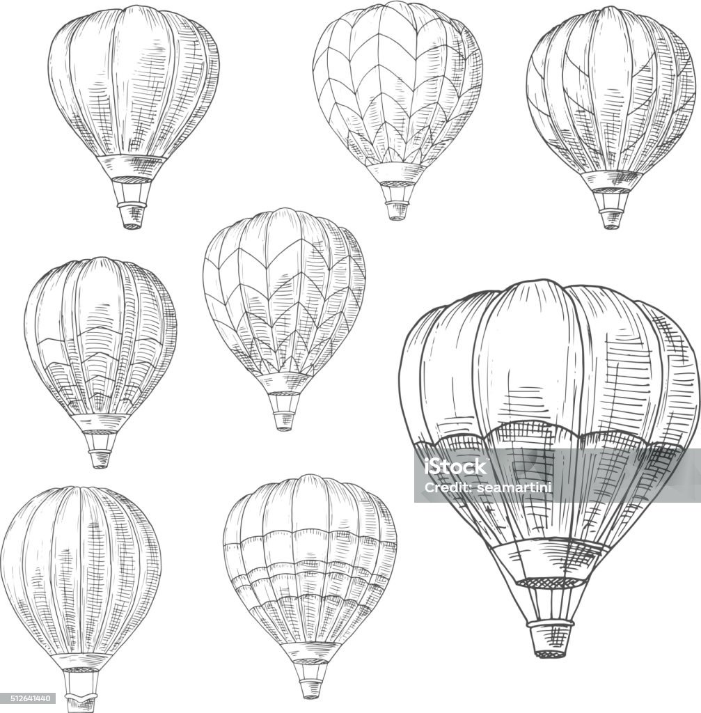 Hot air balloons in flight, retro sketches Hot air balloons in flight with decorative inverted teardrop shaped envelopes and wicker baskets. Romantic air travel, adventure or tourism design usage. Retro style sketch vector Hot Air Balloon stock vector