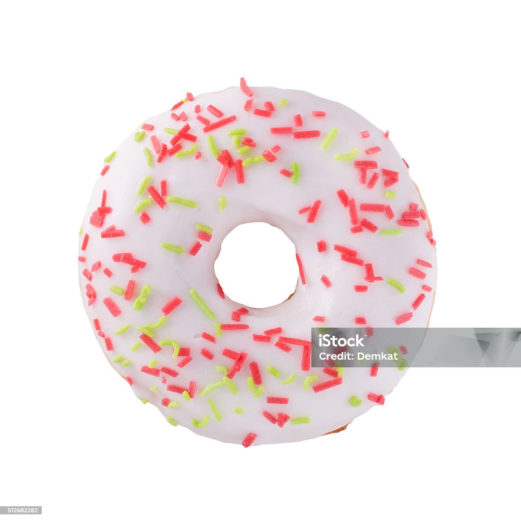 Donut in chocolate with sprinkles A single white glazed donut with sprinkles isolated white background Baked Stock Photo