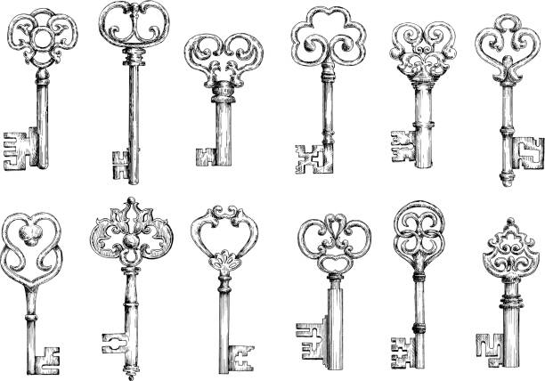 Vintage keys sketches in engraving style Ornamental vintage skeleton keys sketches, decorated by forged floral motifs and scrollwork. Medieval keys in engraving style for embellishment or decoration design old key stock illustrations