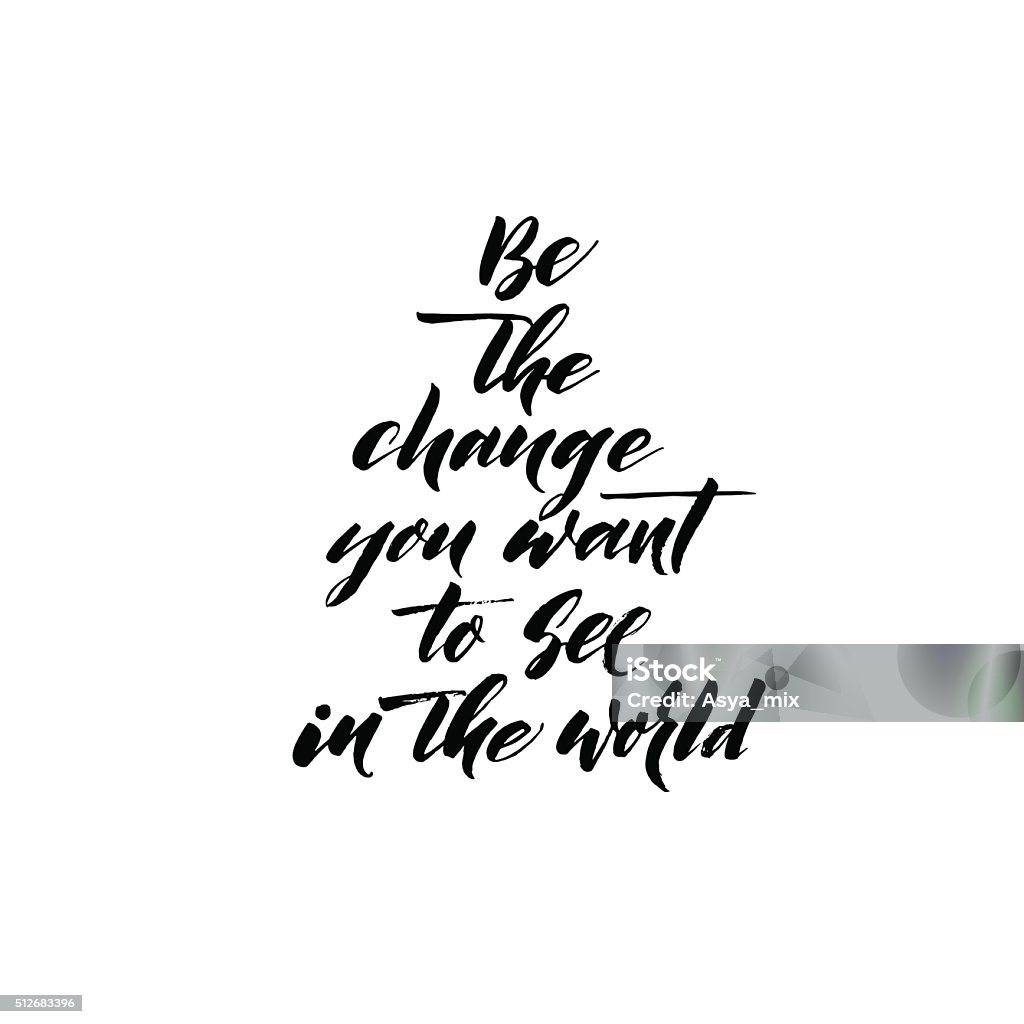 Positive quote about change in the world. Be the change you want to see in the world card. Hand drawn lettering background. Motivational quote. Ink illustration. Modern brush calligraphy. Isolated on white background. Motivation stock vector