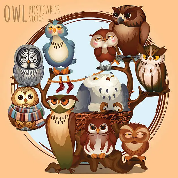 Vector illustration of Ten different owls on a branch, cartoon series