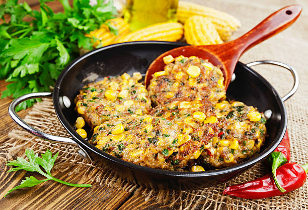 Corn pancakes with minced meat stock photo