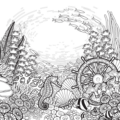 Graphic Coral Reef Design Stock Illustration - Download Image Now -  Coloring Book Page - Illlustration Technique, Adult, Sea - iStock