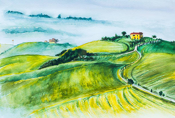 istock background Tuscan landscape hand drawn watercolor illustration 512691074