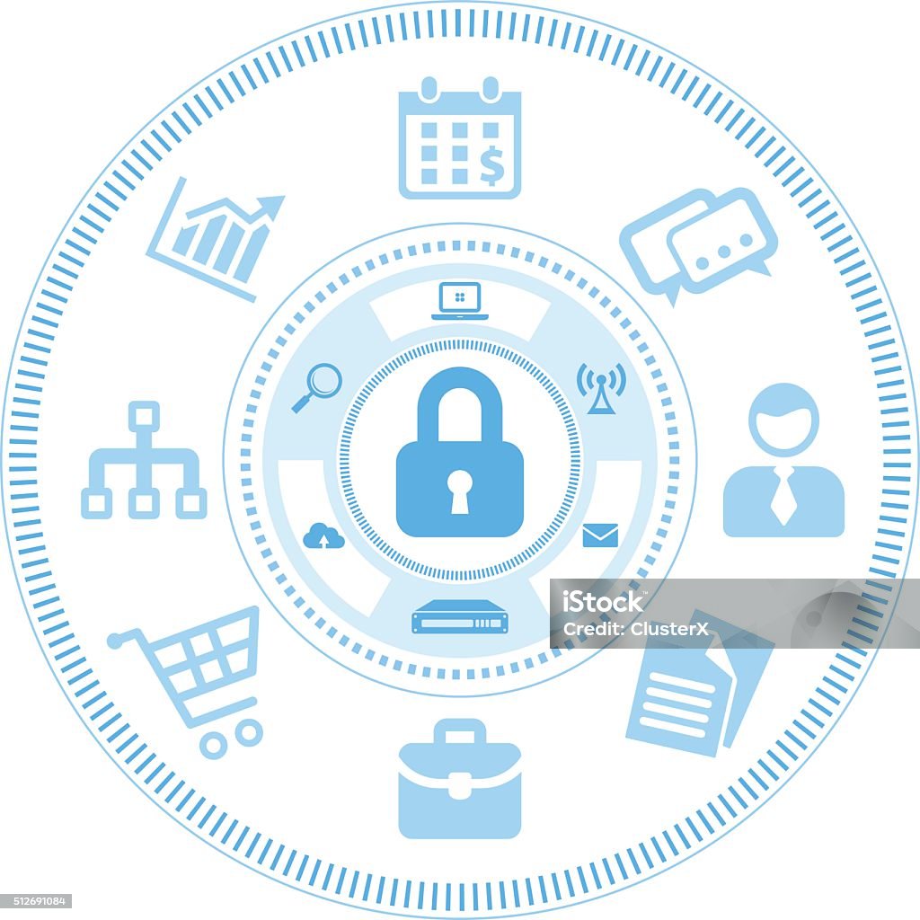 Information Security Concept Blue touch screen interface with icons related to the information technology protection and safety on white background. Vector illustration Abstract stock vector