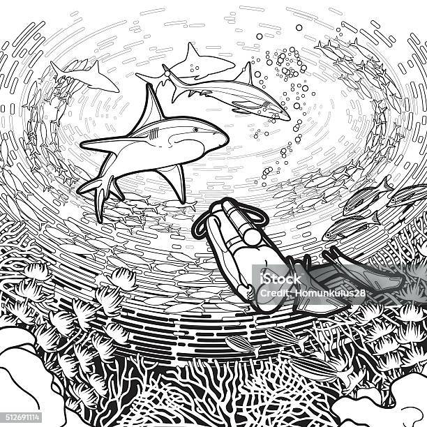 Graphic Coral Reef Scuba Divers And Sharks Stock Illustration - Download Image Now - Adult, Coloring Book Page - Illlustration Technique, Shark
