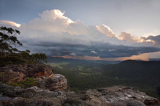 Views from Mt Victoria overlooking he Megalong Valley and of the incoming storm just before sunset