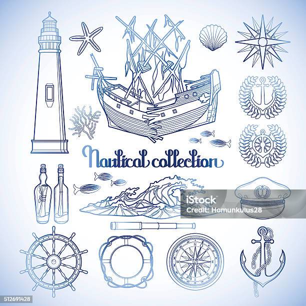 Graphic Nautical Collection Stock Illustration - Download Image Now - Drawing Compass, Nautical Style, Nautical Vessel