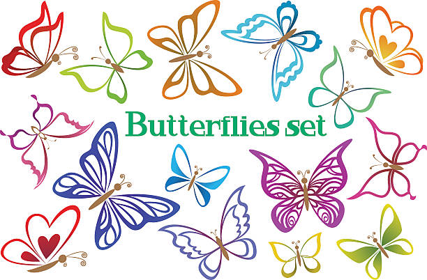 Set Butterflies Contour Pictograms Set Butterflies Pictograms, Colorful Contours Isolated on White Background. Vector butterfly purple blue isolated stock illustrations