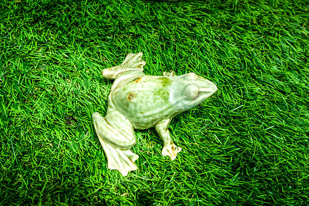 Stone statue of a frog in the grass