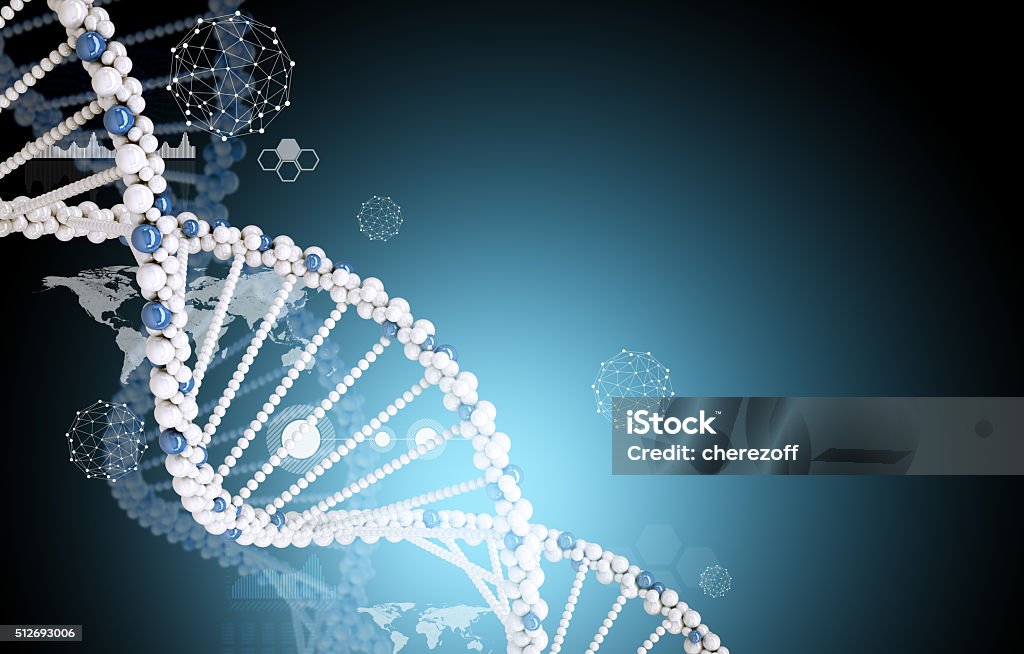 DNA molecule with world map DNA molecule with world map on abstract blue background, medicine concept DNA Stock Photo