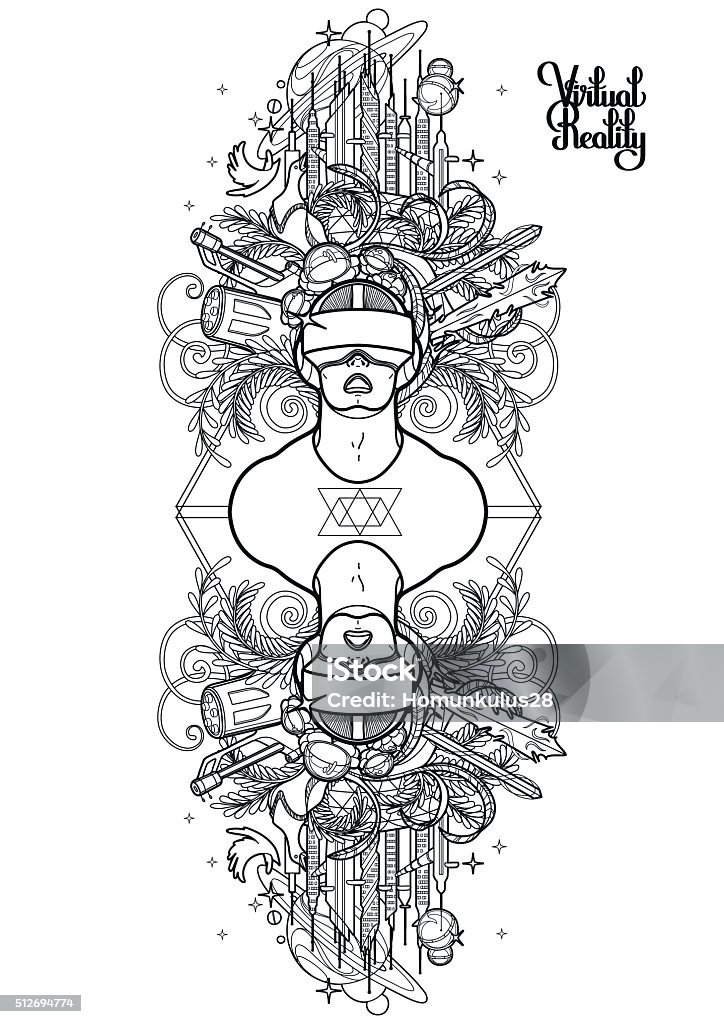 Graphic man wearing virtual reality headset Graphic man with open mouth wearing virtual reality headset with cyber world on background drawn in line art style. Modern technologies for gaming. Coloring book page design Adult stock vector