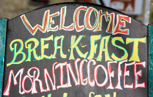 A welcome breakfast sign at a tea shop in Carmarthen in Wales