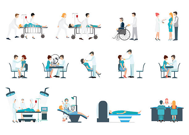 Medical Staff And Patients Different Situations Set in hoapital. Medical Staff And Patients Different Situations Set in hoapital,clinic, people cartoon character isolated on white, health care conceptual vector illustration. eye doctor and patient stock illustrations