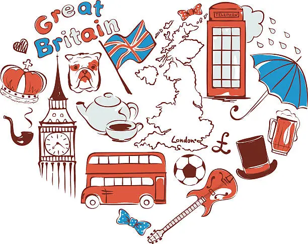 Vector illustration of Symbols of united kingdom in the form of heart